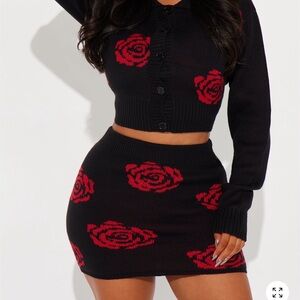 Fashion Nova Black and Red Rose Skirt Set